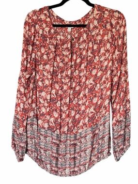Lucky Brand Red Floral Button-Front Long-Sleeve Blouse